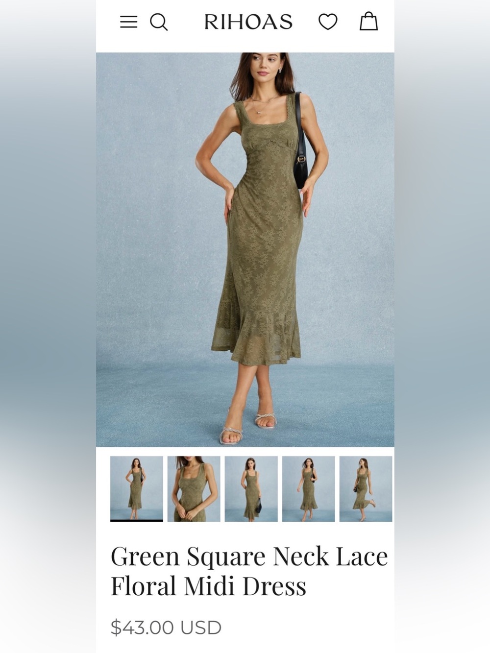 RIHOAS Green Square Neck Lace Floral Midi Dress XS